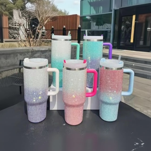 Glitter Rhinestone Tumbler with Handle & Straw