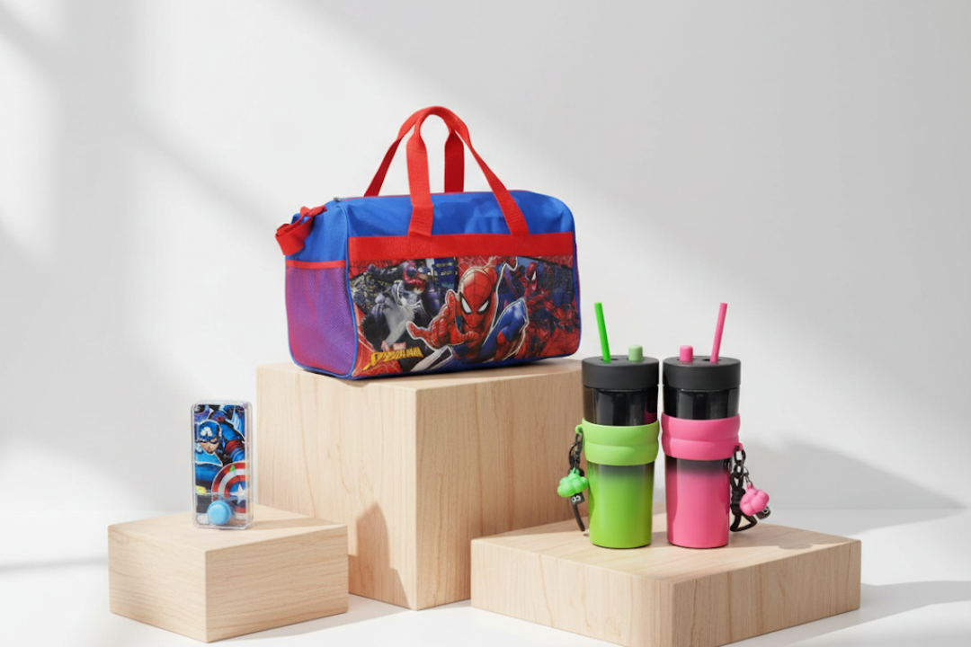 Spiderman duffle bag with insulated tumbler and Avengers watergame