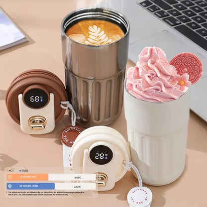 Stainless steel insulated coffee mug with temperature display