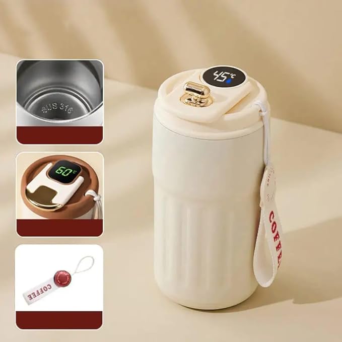 Stainless steel insulated coffee mug with temperature display