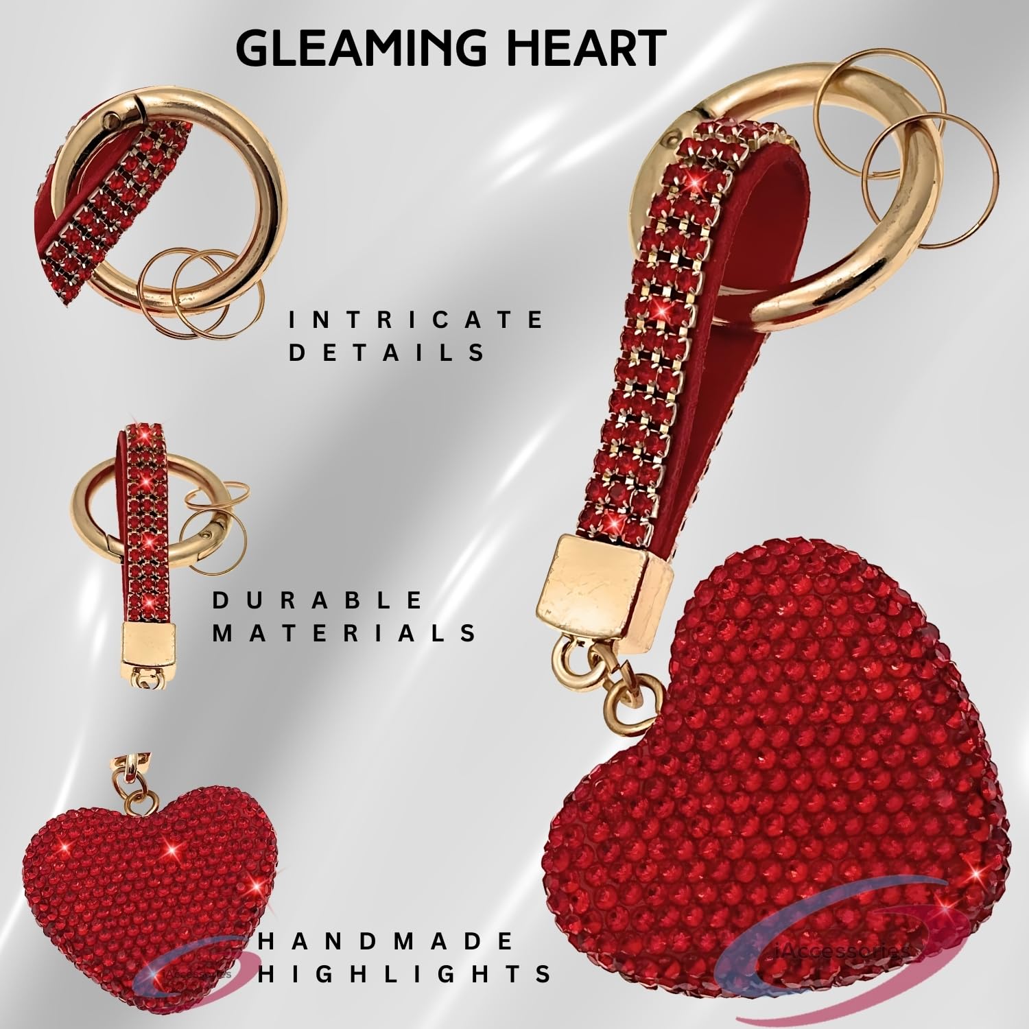 Red crystal heart keychain with sparkling rhinestones key ring charm