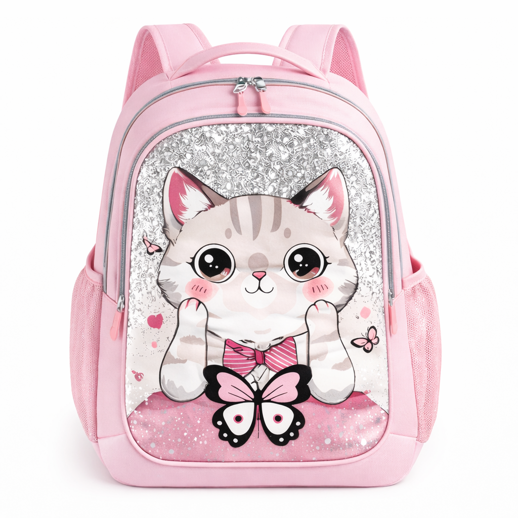Pink kitty theme girls school backpack set