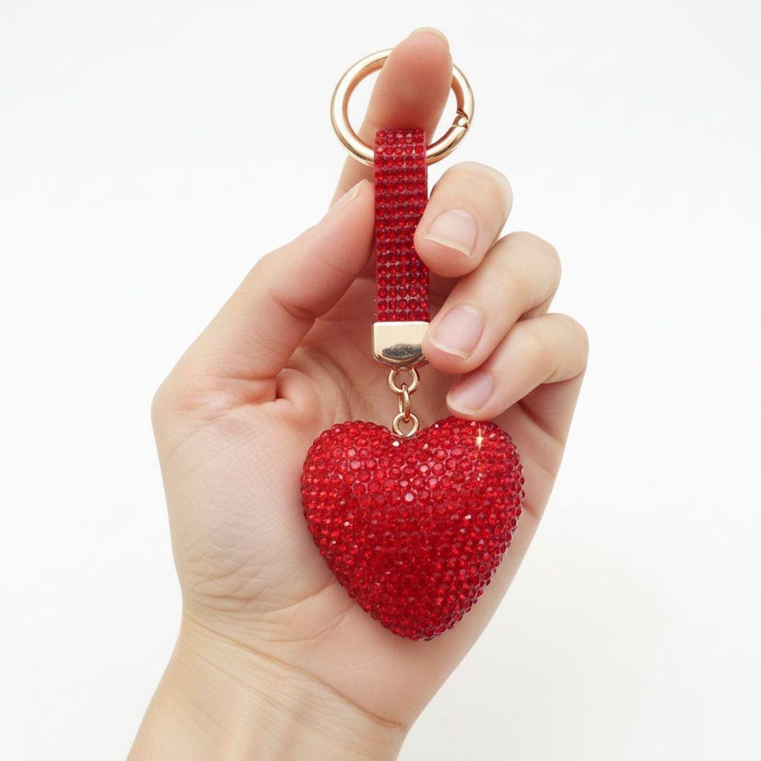 Red crystal heart keychain with sparkling rhinestones key ring charm