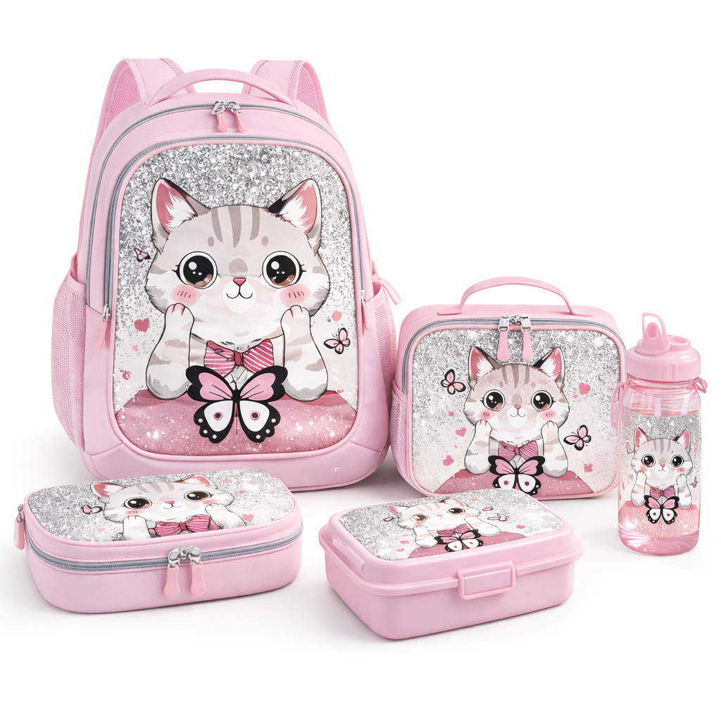 Pink kitty theme girls school backpack set
