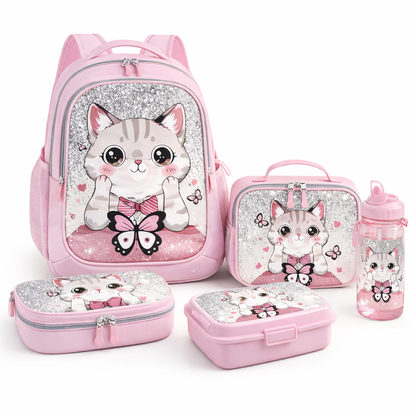Pink kitty theme girls school backpack set